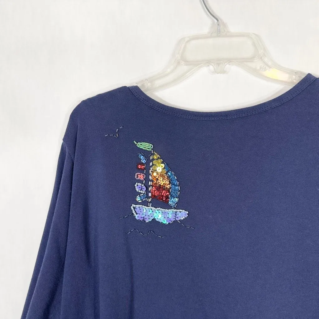 Quacker Factory‎ Plus Size 2X Top Navy Blue Sailboat Beaded Sequins 716 - Image 6