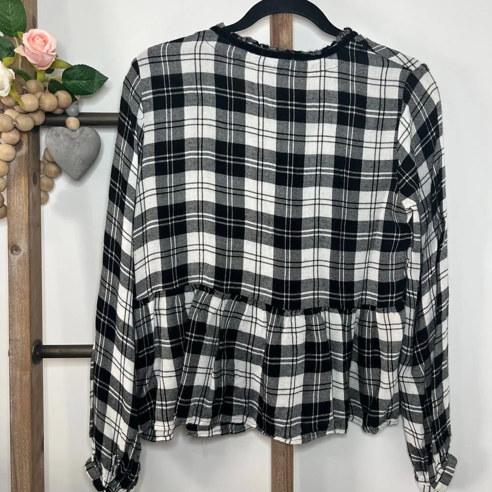 onetheland  Long Sleeve Black White‎ Smocked Plaid Size Large - Image 5