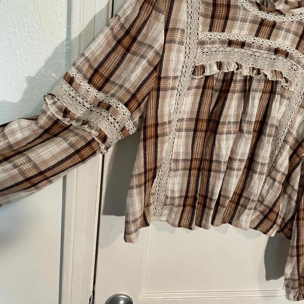 American Eagle Outfitters Brown Plaid Lace Blouse - Image 3