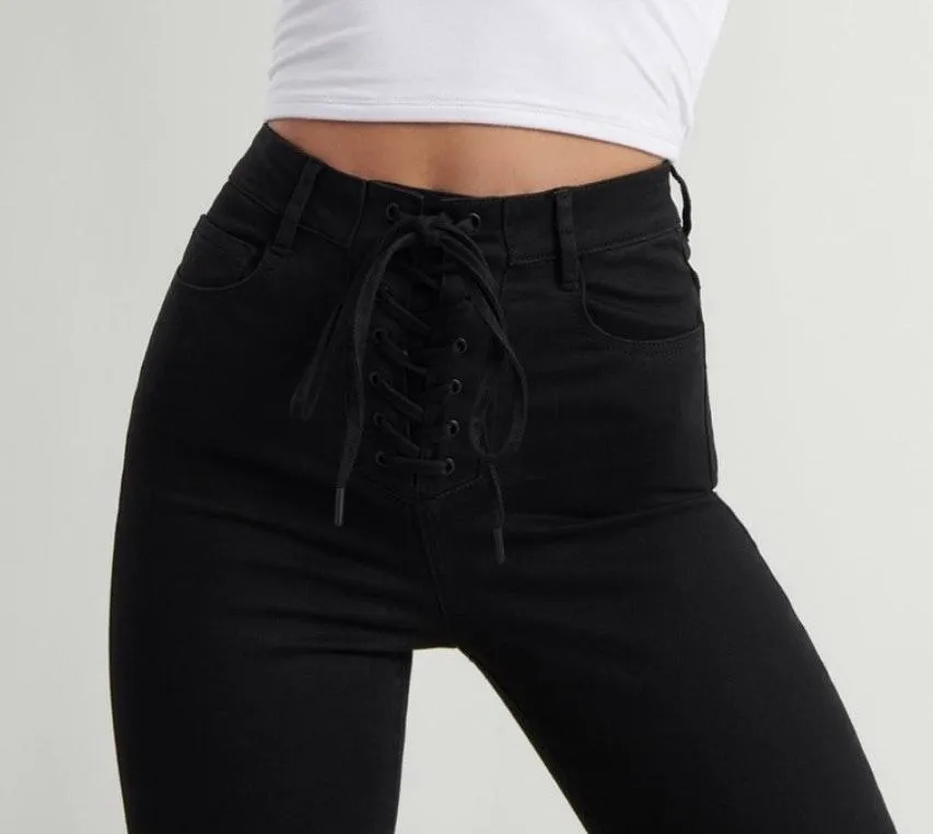 Lace Up Super High Rise Waisted Skinny Black Jegging Jeans - Image 4