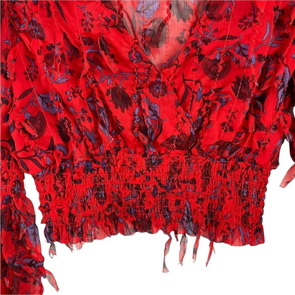 Red Floral Smocked Sheer Blouse Zara Fringing Cropped Top Long Sleeve Size XS - Image 11