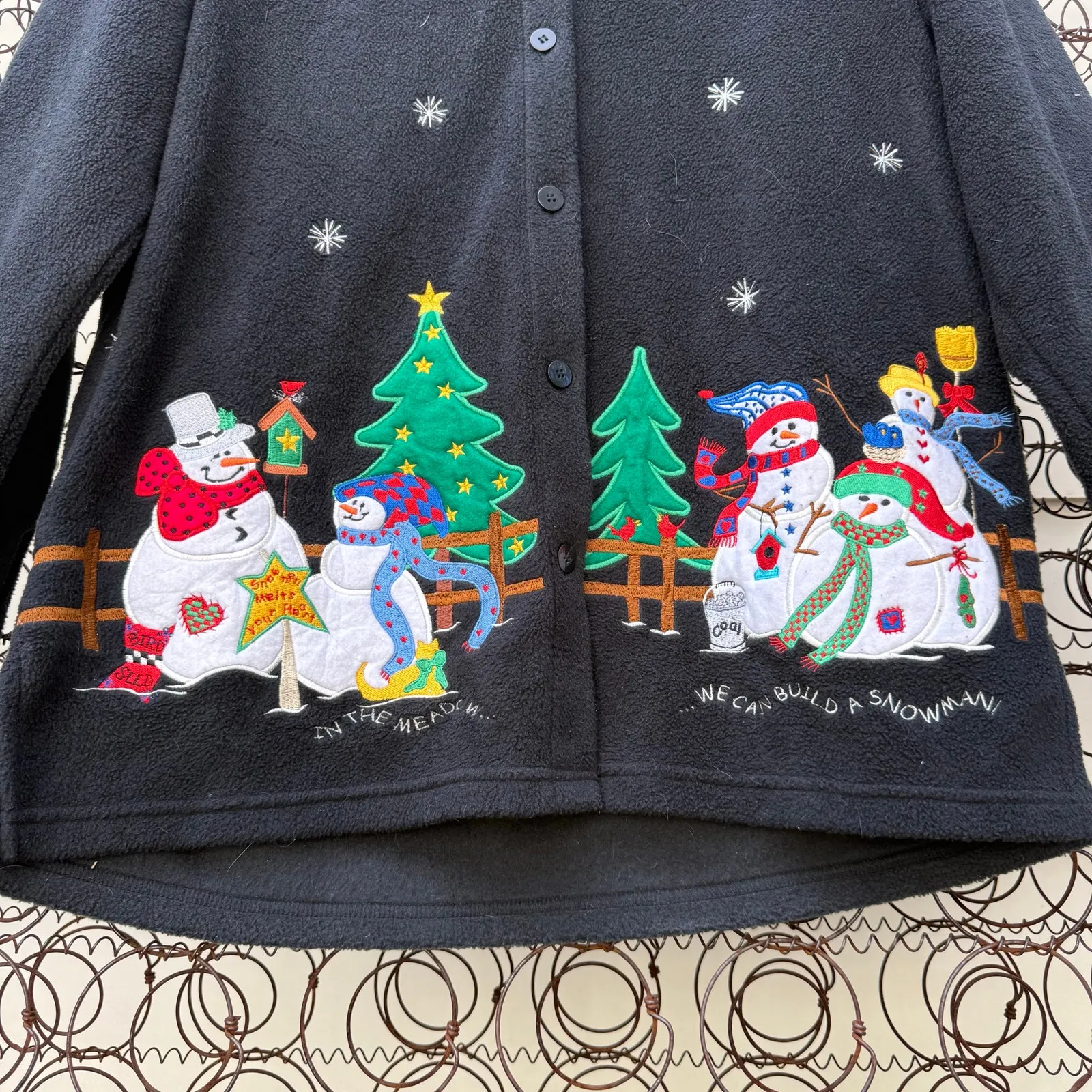 Vintage 90s Quacker Factory Christmas Snowmen Festive Cardigan Sweater MEDIUM Black - Image 2
