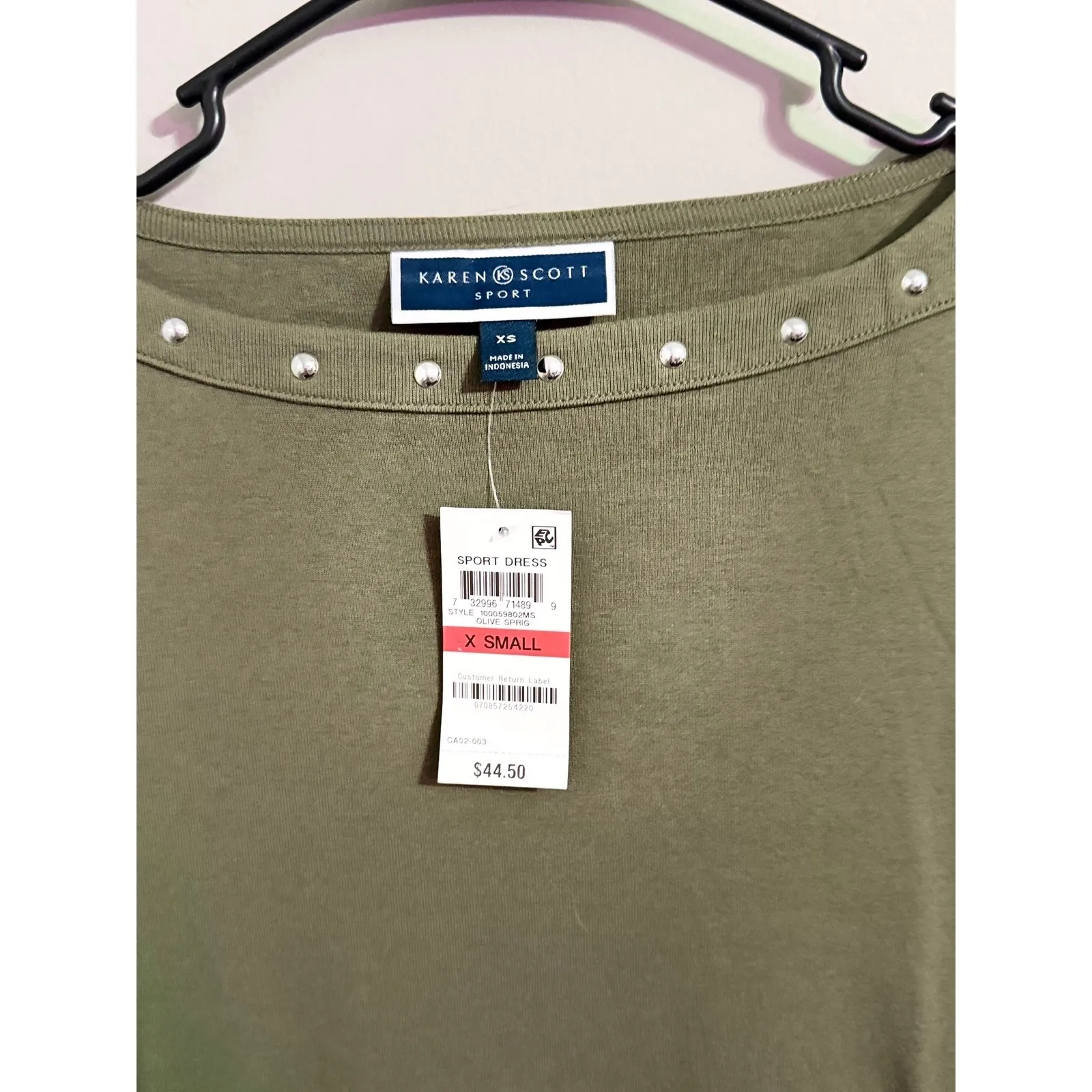 Karen Scott Sport Dress Olive Green Boat Neck Studded 3/4 Sleeve XS - Image 3