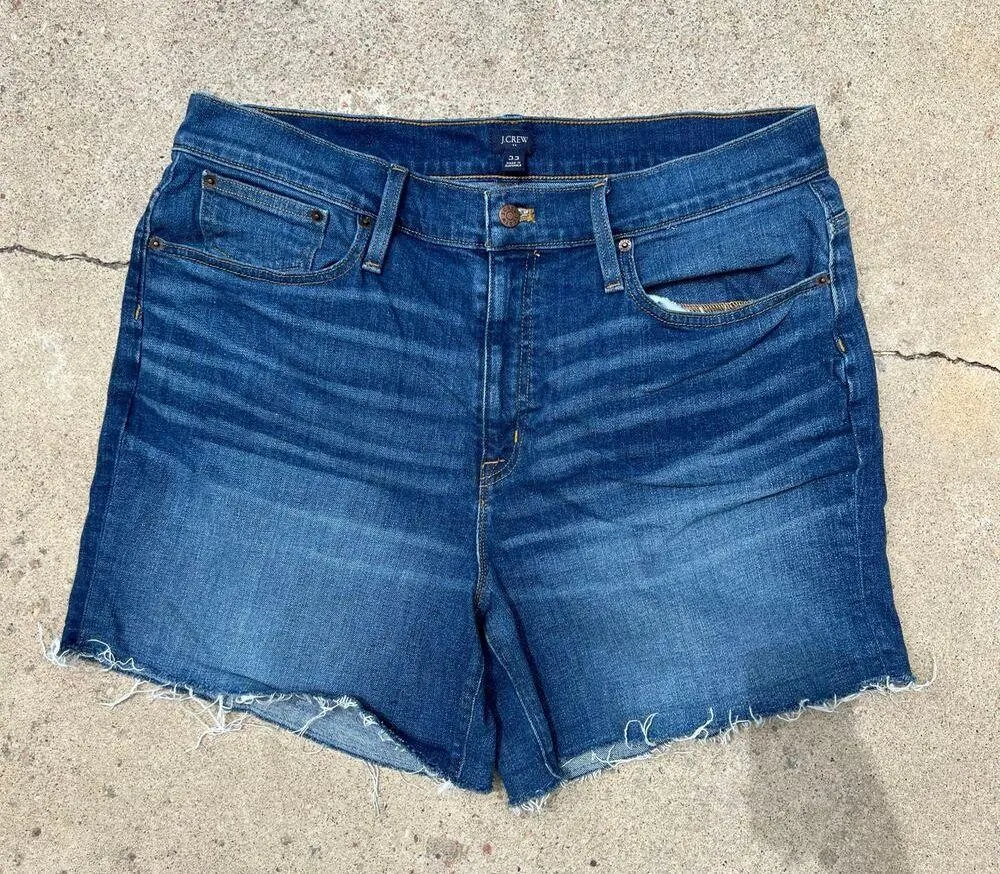 J.Crew Dark Wash Raw Hem Fold Over High Rise Denim Shorts Size 33 - Image 3
