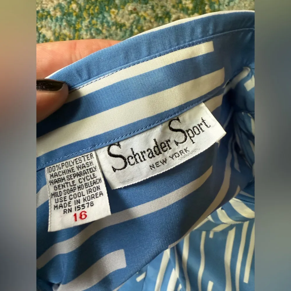 Vintage Schrader Sport NY graphic print long sleeve waist tie dress, size 16 Blue - Image 10