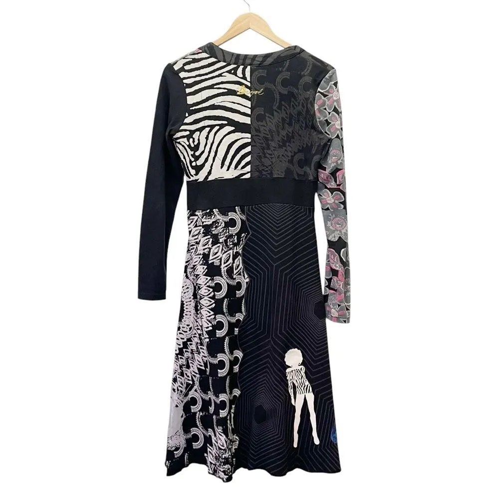 Desigual Vintage Y2K Jonny Dress Long Sleeve Black Beaded Embroidered Size Large - Image 5