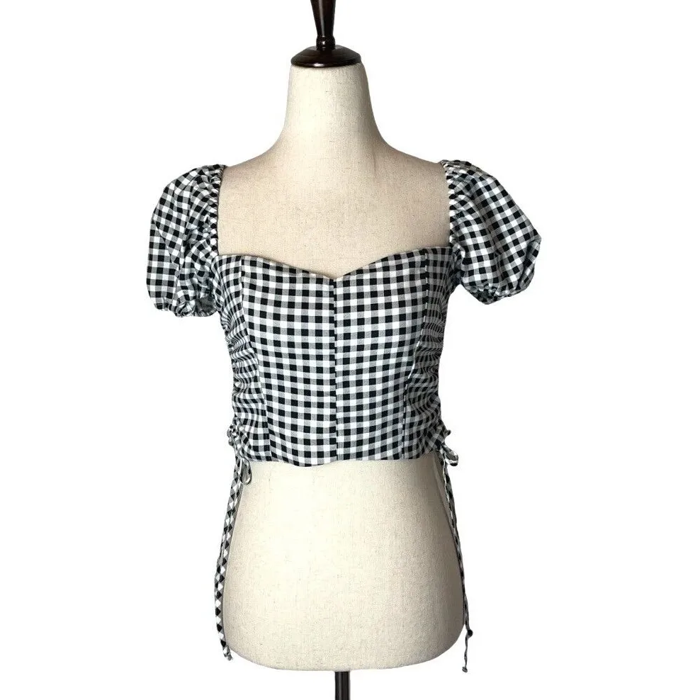 Likely Shirt Women Small Black White Gingham‎ Cavanaugh Puff Sleeve Crop Peasant - Image 2
