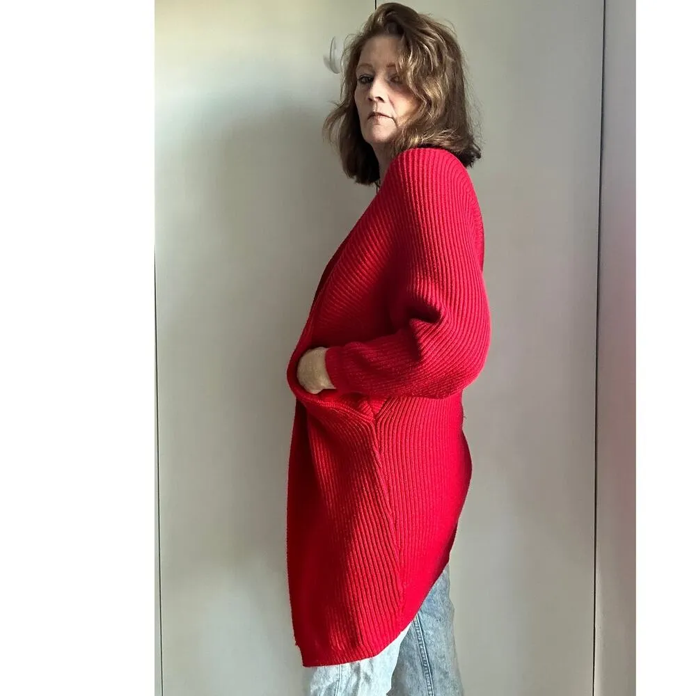 Lovers + Friends Cardigan Ribbed Sweater Red Size Small Heavy knit Midi Pockets - Image 3