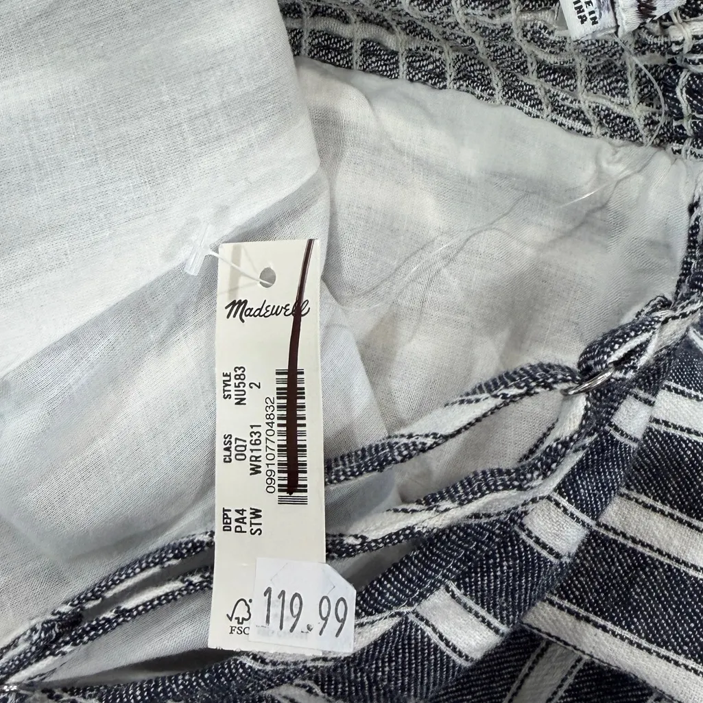 Madewell Pleated Wide Leg Jumpsuit in Pinstripe Linen NWT Navy White Size 2 - Image 7