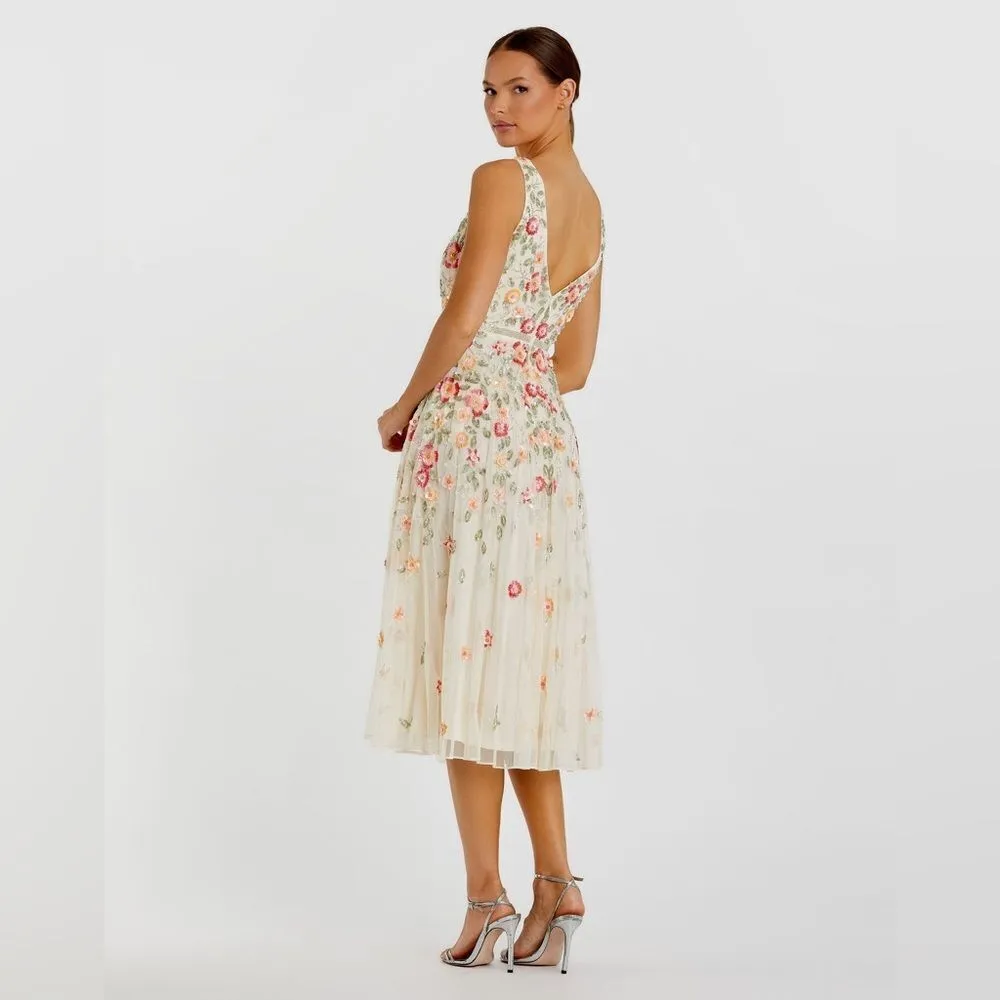 Mac Duggal 5527 Cream V-Neck Sleeveless Midi Floral Beaded A-line Dress 10 - Image 7