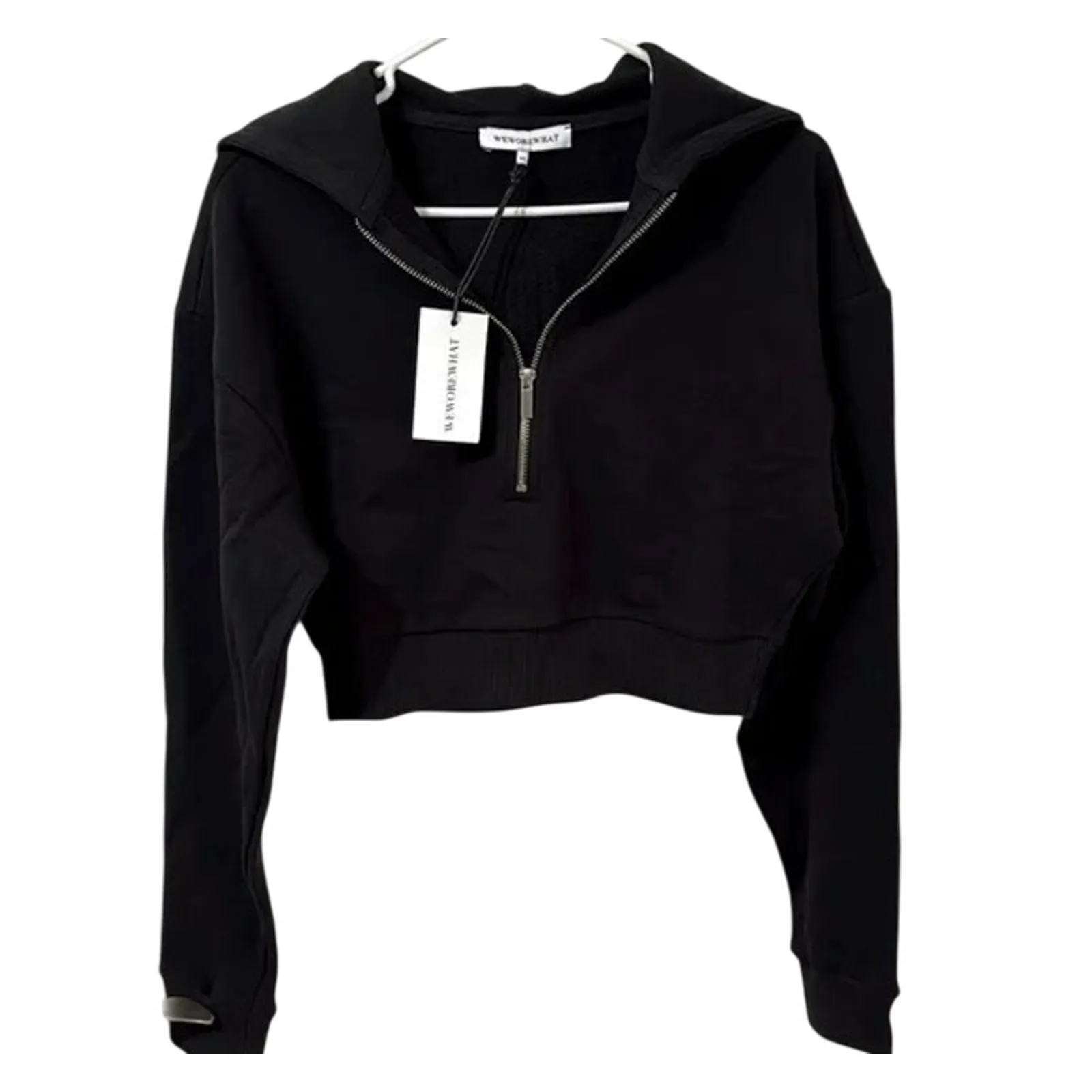 NWT WeWoreWhat Cropped Half Zip Fleece Cotton Hoodie Long Sleeve XS Black #4296 - Image 12