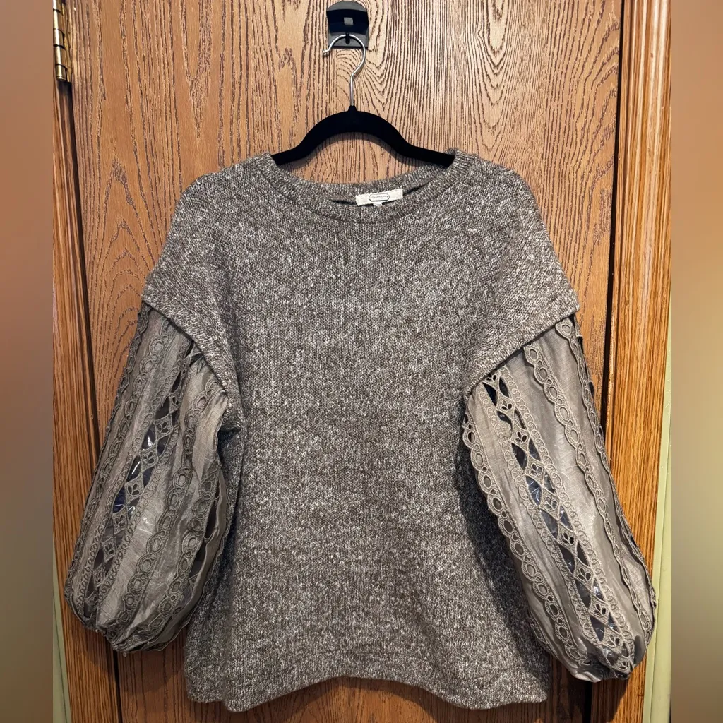 Gimmicks by BKE Tan sweater with ornate, semi-sheer lace balloon sleeves. - Image 7