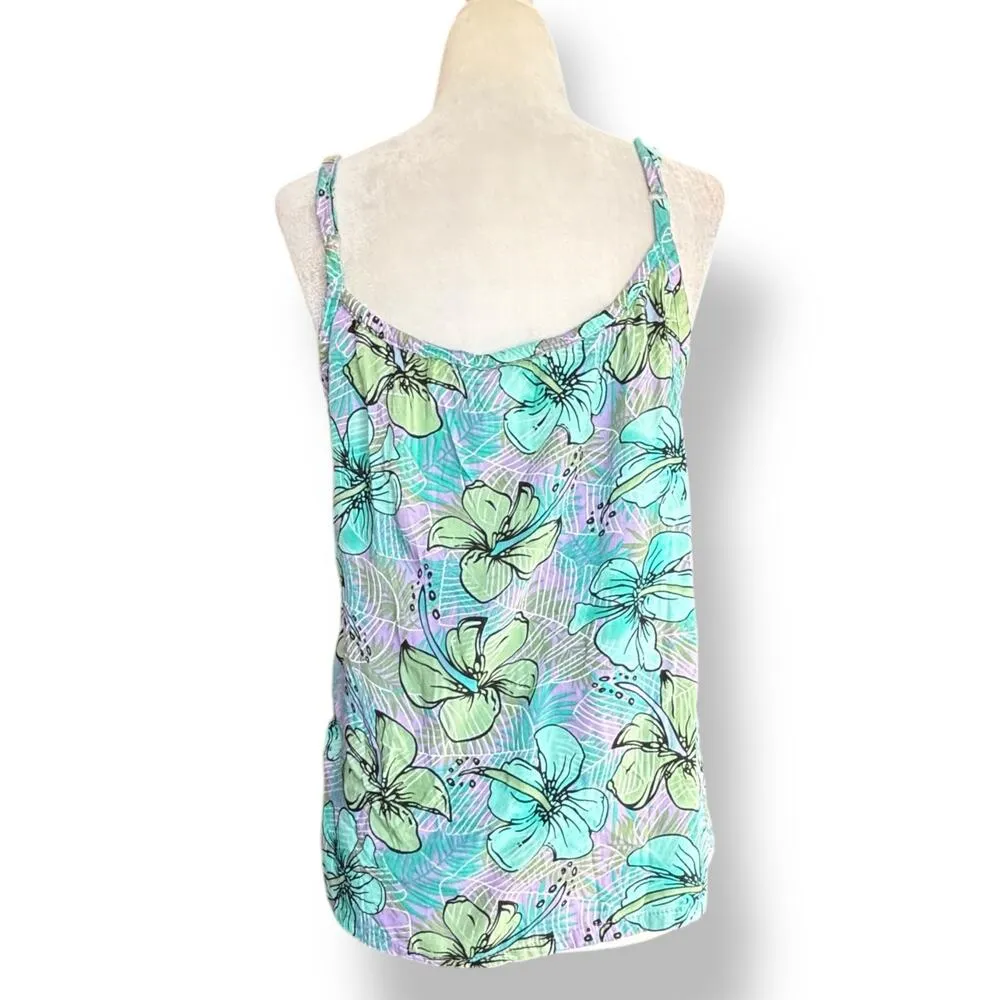 Vintage 90s Maui Beach Hawaii Tank Top Medium Rayon Camisole Purple Green Floral Blue - Image 4