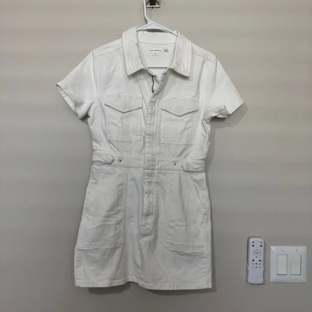 GOOD AMERICAN Fit for Success Denim Utility Dress Denim in Wash White Size M - Image 3