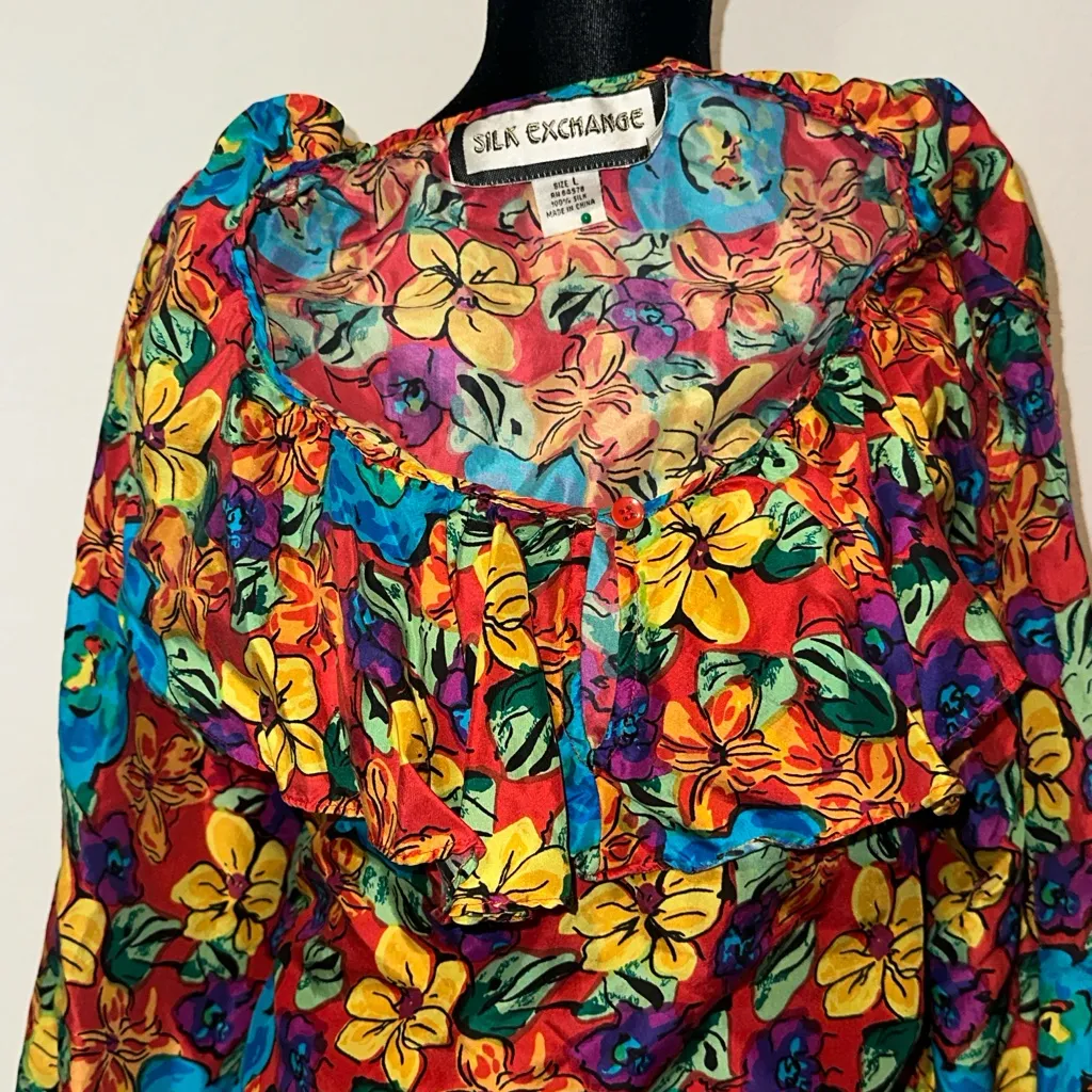 Silk Exchange 100% Silk Floral Multicolor Women's Top Red Size L - Image 3
