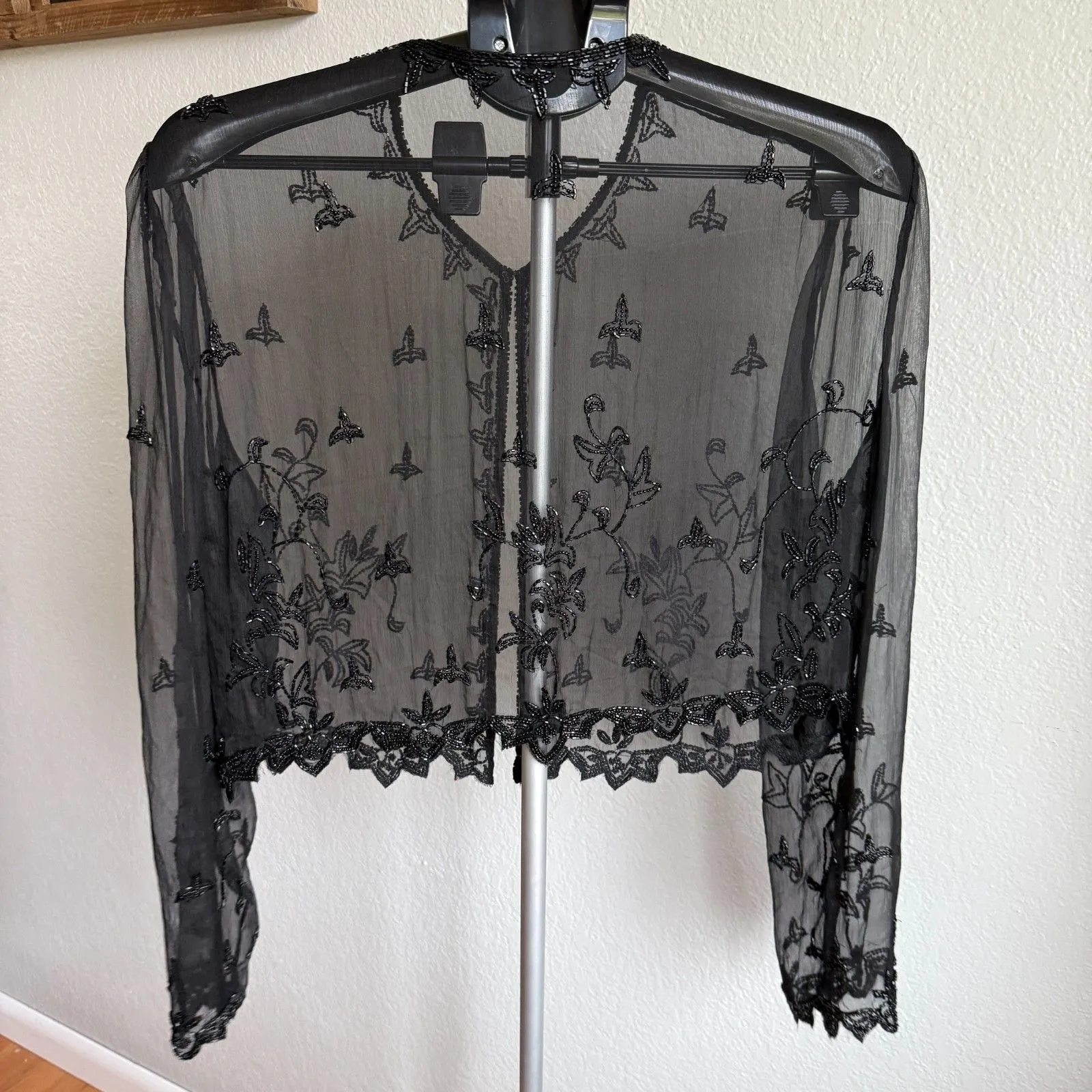 JKara NY Black Sheer Beaded Long Sleeve Bolero Shrug Dress Jacket FairyGoth S/M - Image 2