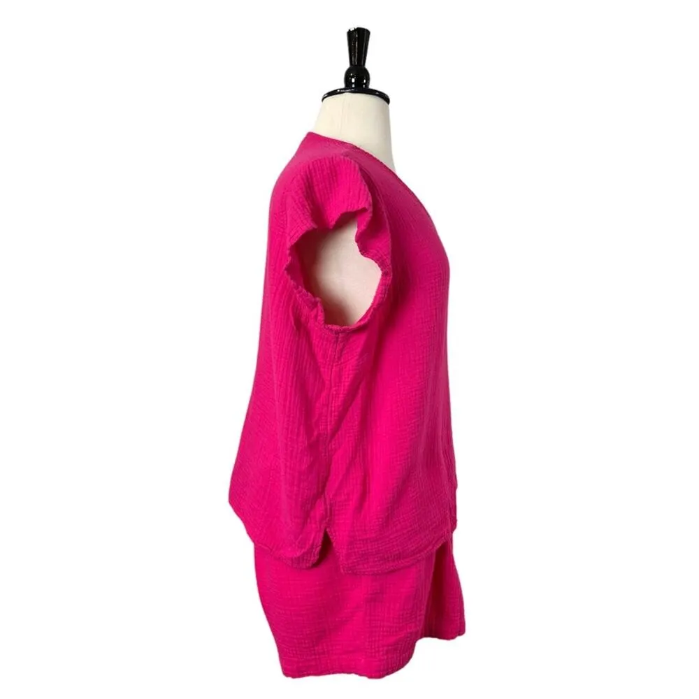 Three Dots Short Set Double Gauze Cotton 4” Inseam V Neck Hot Pink Women’s XXL - Image 3
