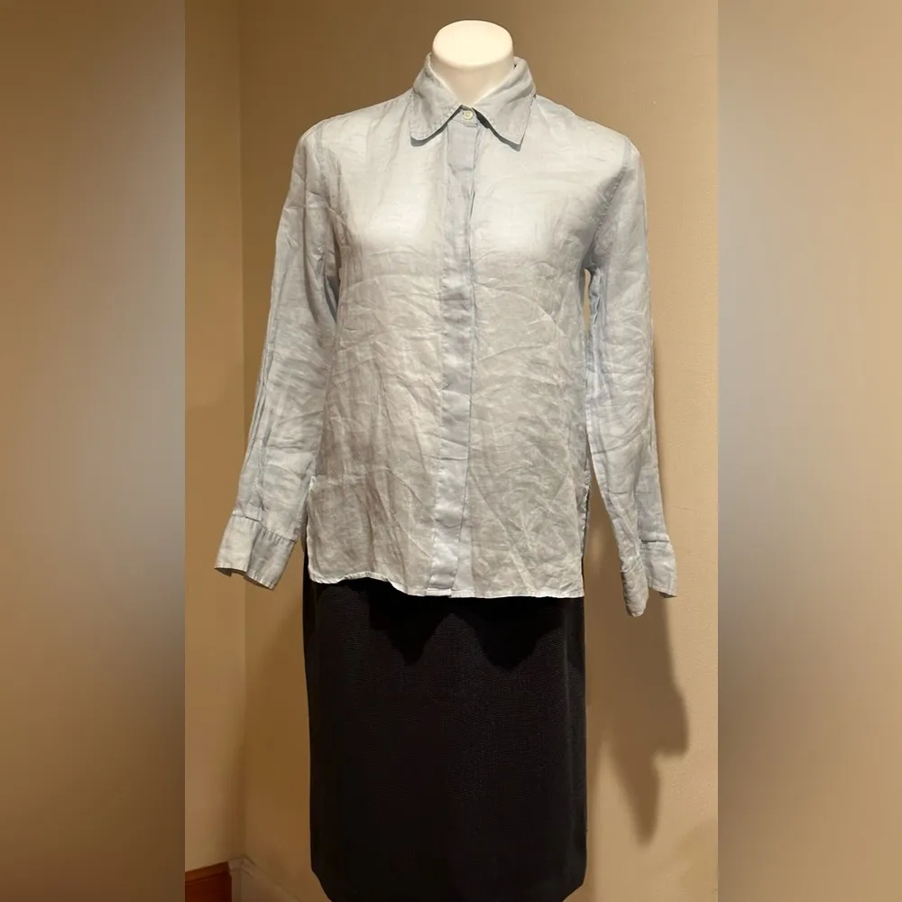 DKNY Light Blue Long Sleeves Button Collar Linen Top 100% Ramie Good Condition - Image 2