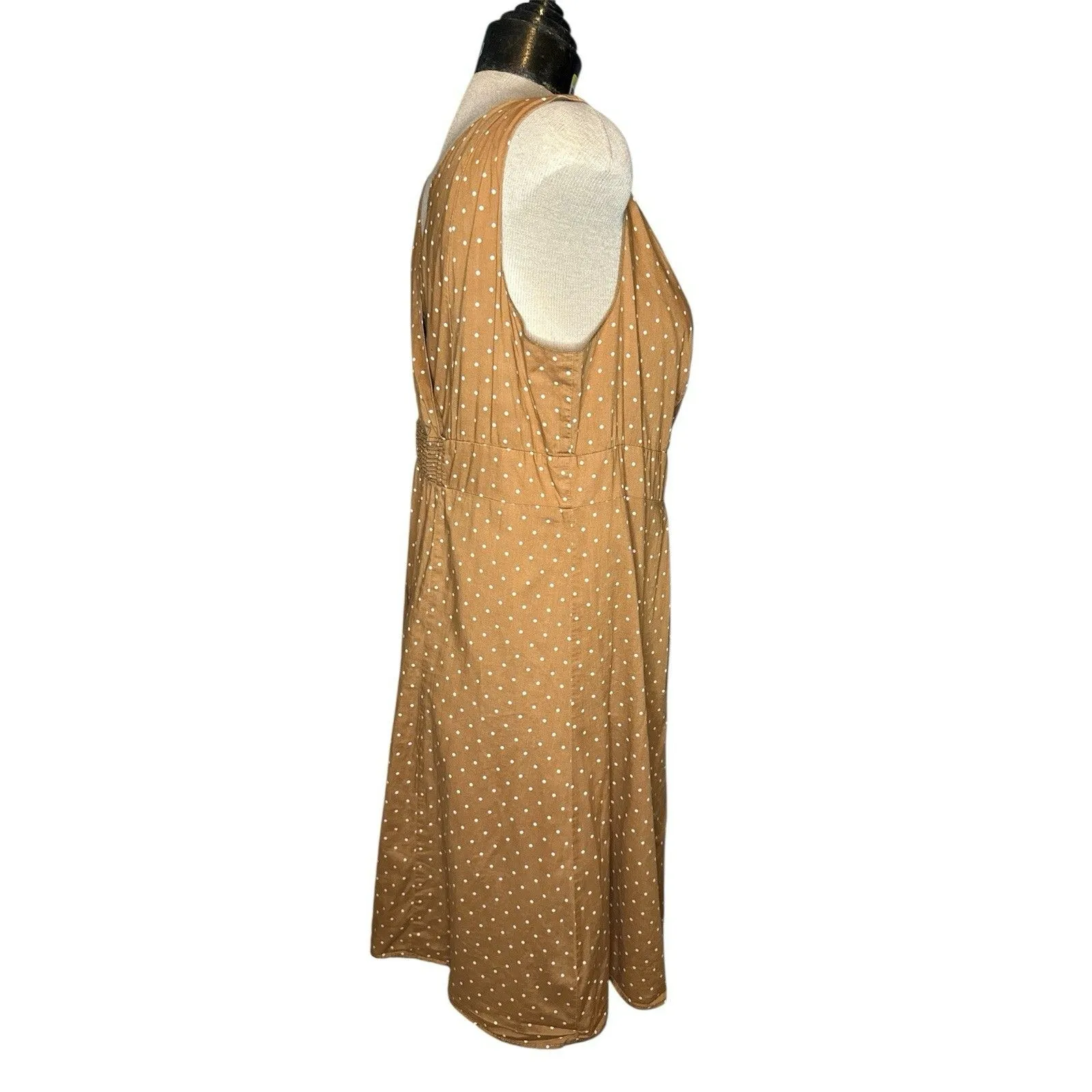 Lands End Midi Dress Size 14 Brown White Polka Dot Surplice Faux Wrap Sleeveless - Image 3