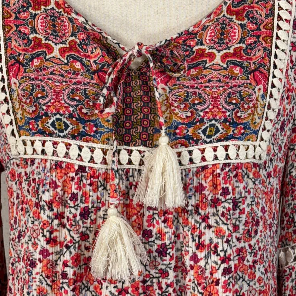 One World Medium Top Floral Gauzy Crochet Tasseled Keyhole 3/4 Bell Sleeve Multi - Image 2