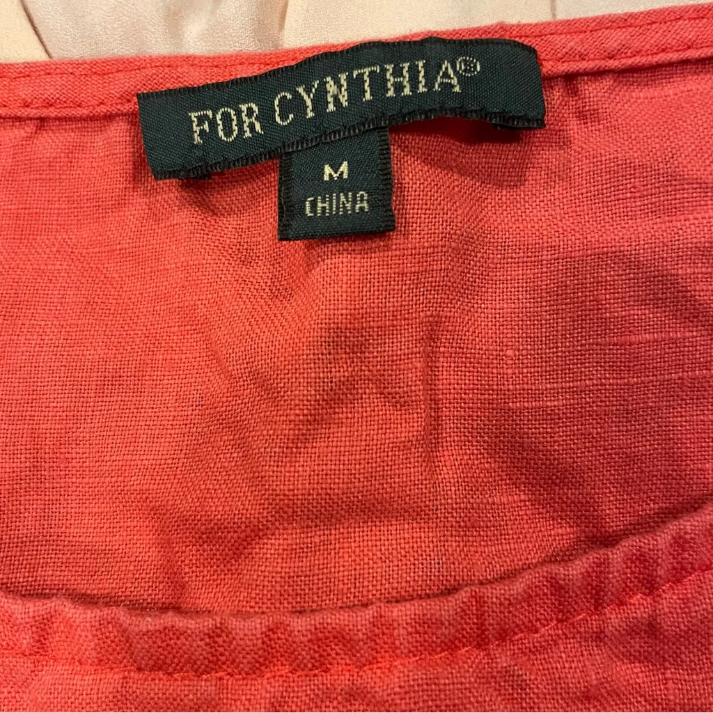 Cute coral linen mesh trim asymmetrical hem sleeveless breezy boho coastal top - Image 5