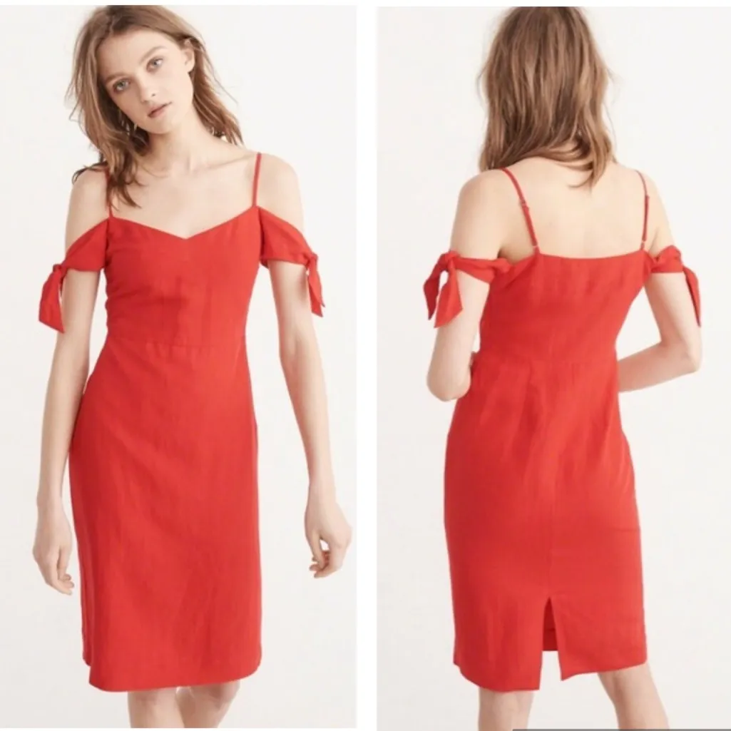 Abercrombie & Fitch Red Linen Blend Off The Shoulder Sweetheart Midi Dress‎ 6 - Image 2