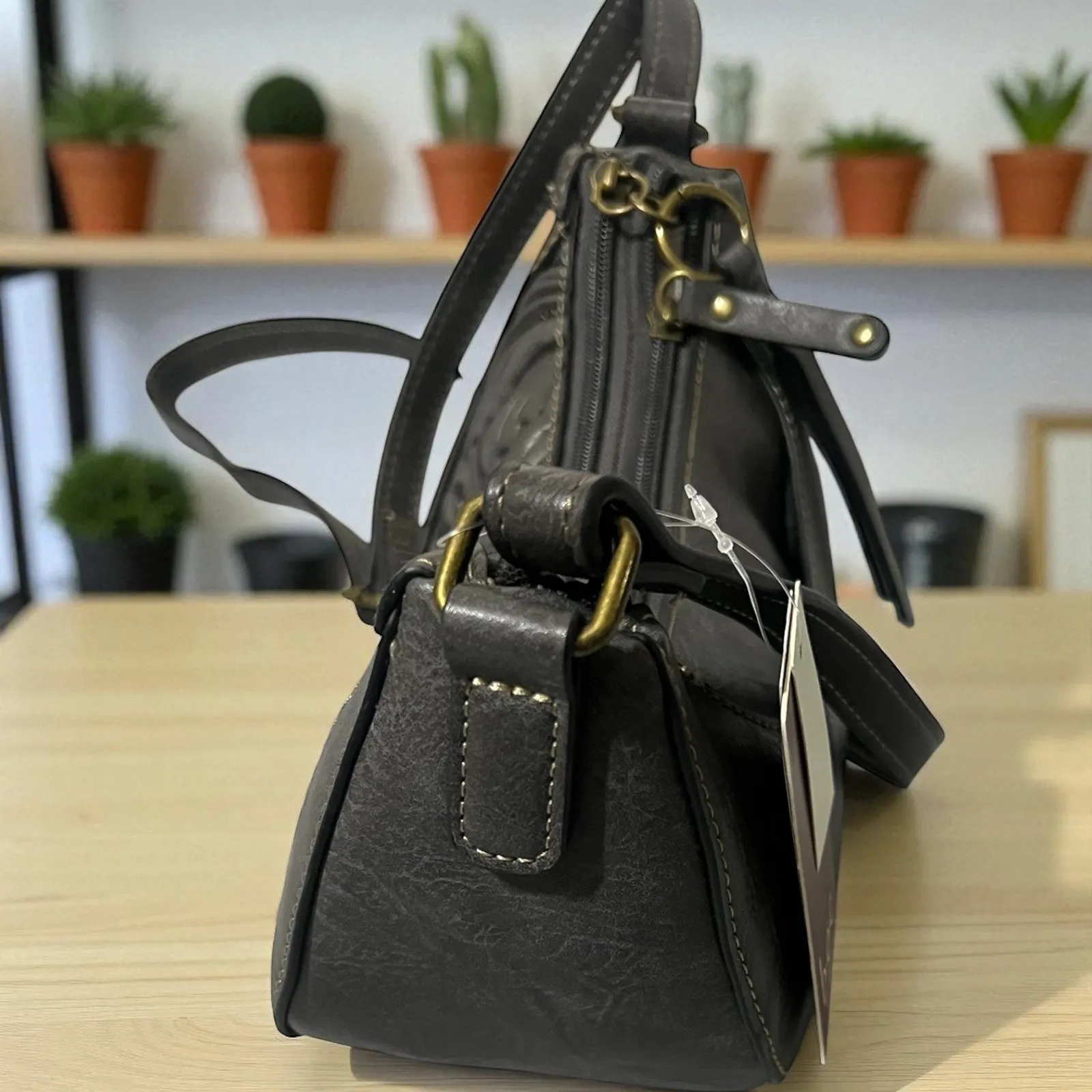 B.O.C. Crossbody Bag Purse Charcoal Embossed Floral Adjustable Strap Womens Gray - Image 6