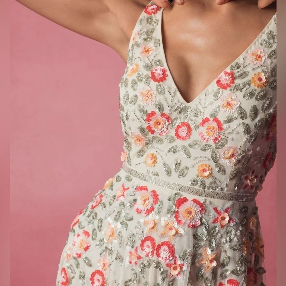 Mac Duggal 5527 Cream V-Neck Sleeveless Midi Floral Beaded A-line Dress $598 - Image 4