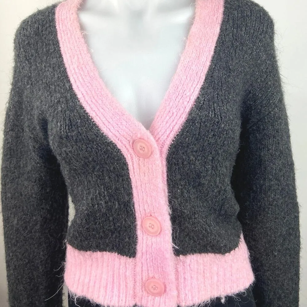 Zara Gray Pink Trim V-Neck Chunky Knit Long Sleeve Colorblock Cardigan Sweater S - Image 4