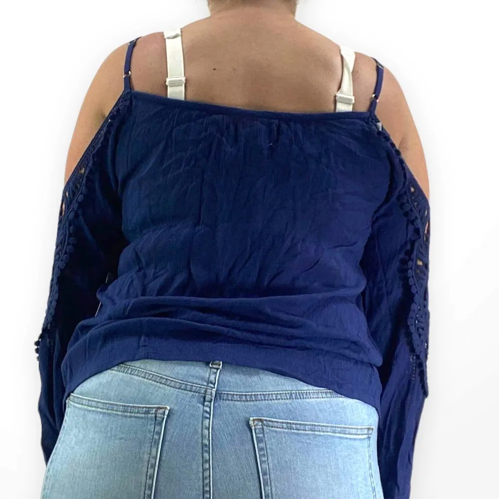 SAGE THE LABEL Blue Cold Shoulder Crochet Knit Bell Sleeve Blouse - Image 2