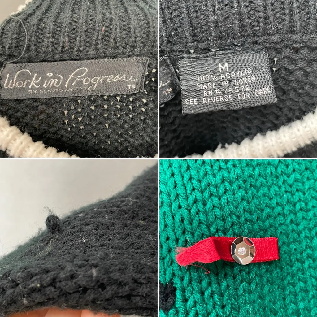 Vintage Christmas Sweater Teddy Bear Quirky Ugly Fun Tree FLAWS Women Medium Black - Image 3