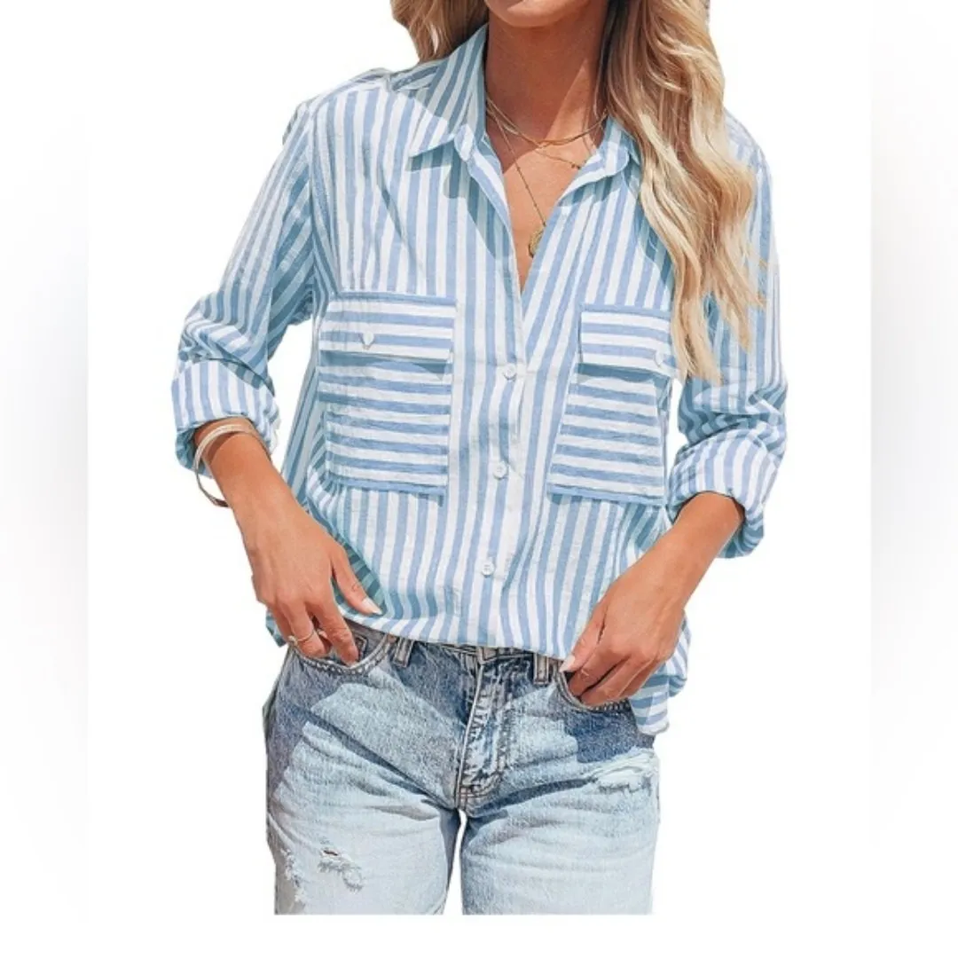 Women's Brown White Striped Button Down Shirts Casual Long Sleeve Stylish Tops. - Image 2