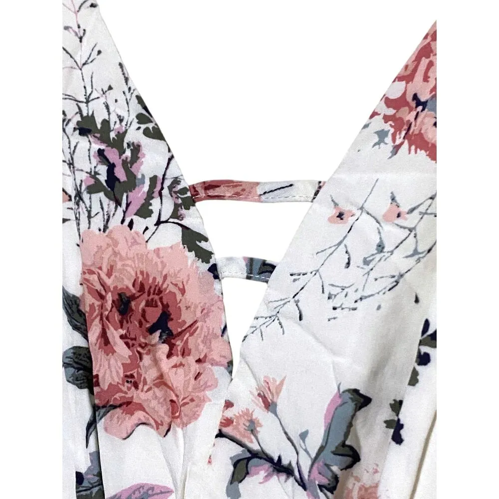 Charlotte Russe Maxi Dress Roses Floral Lined Rayon V Neck White Pink Small S - Image 3