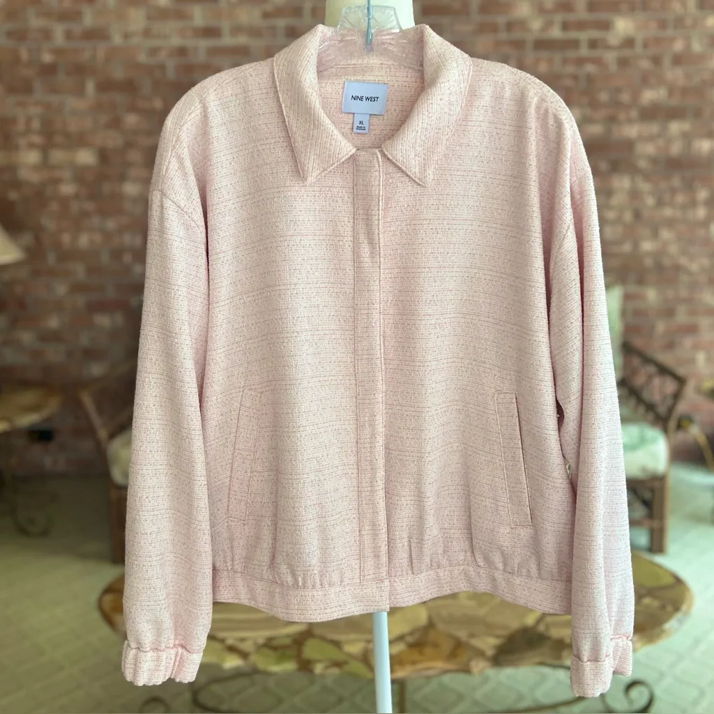 Nine West Femme Bomber Jacket Pink Tweed Textured XL Spring Lightweight Casual - Image 8