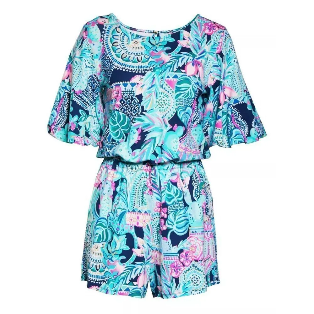 Lilly Pulitzer Britton Romper Looking Sharp Pink Navy Multi Print Resort XS - Image 5