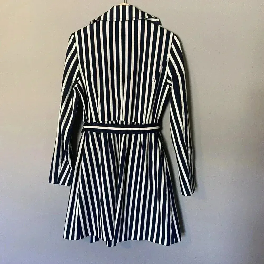 Express Women's‎ S Blue White Striped Pleated Back Trench Coat Size Small Preppy - Image 8