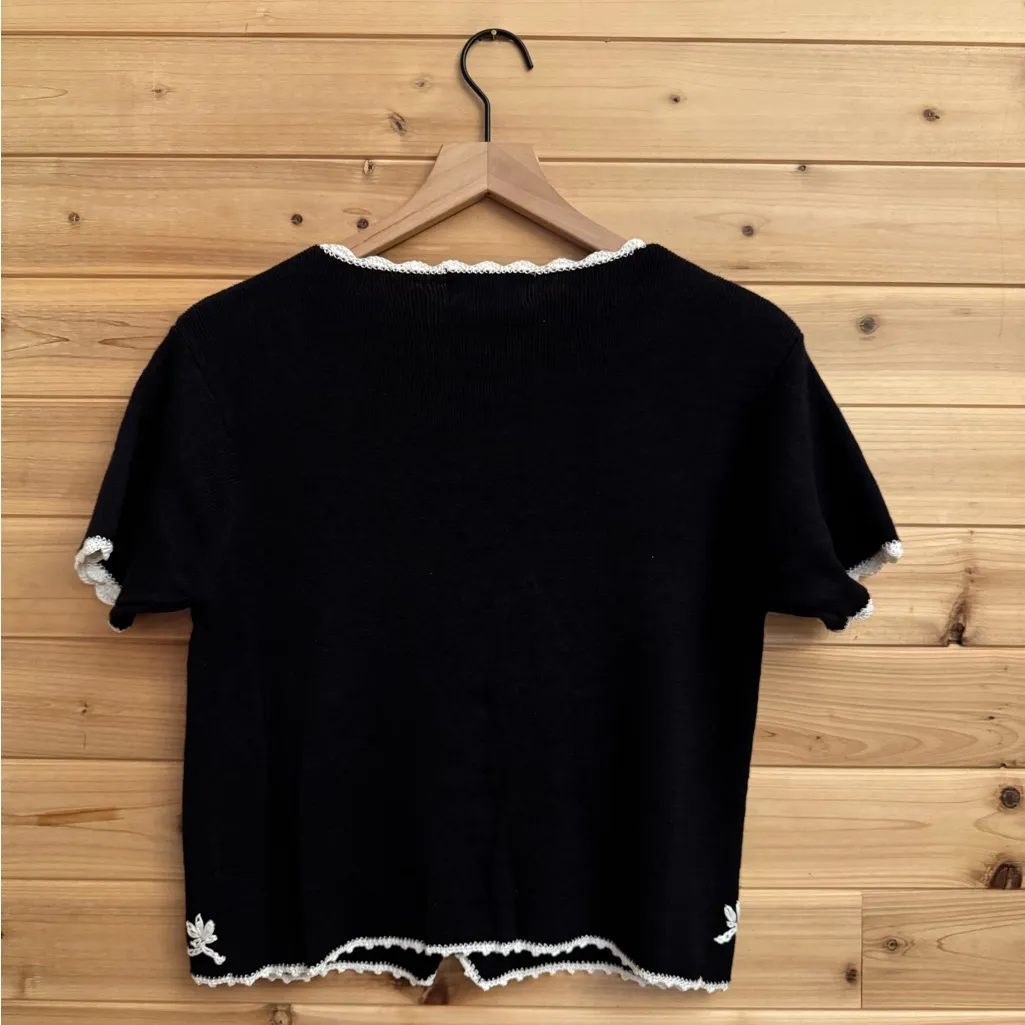 Vintage Worthington Small Black White Floral Embroidered Front Zip Cardigan - Image 5