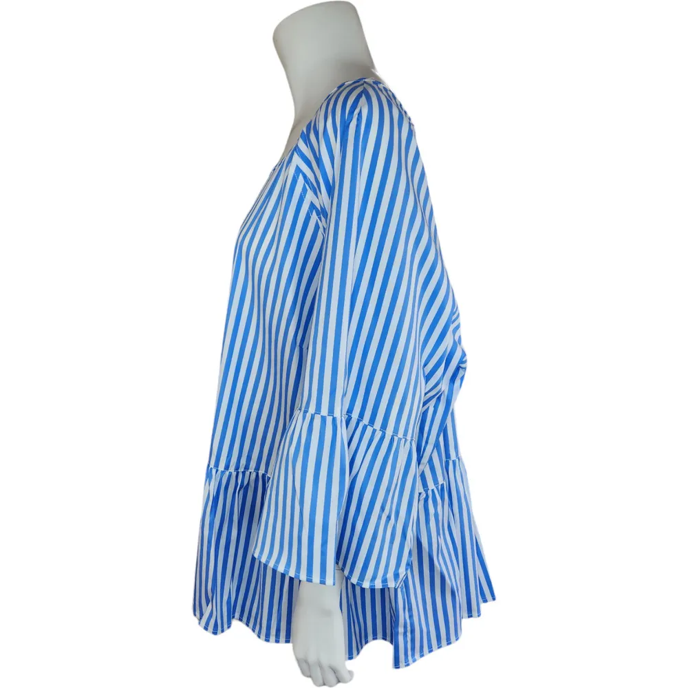 Lands End Popover Blouse Peplum Bell Sleeve Scoop Neck Striped Blue White 24W - Image 4