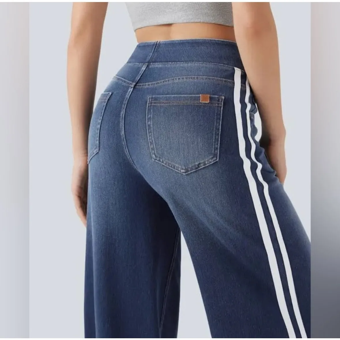 NWOT Halara Flex High Waisted Stripe Wide Leg Jeans Dark Blue Stretchy Denim - S - Image 4