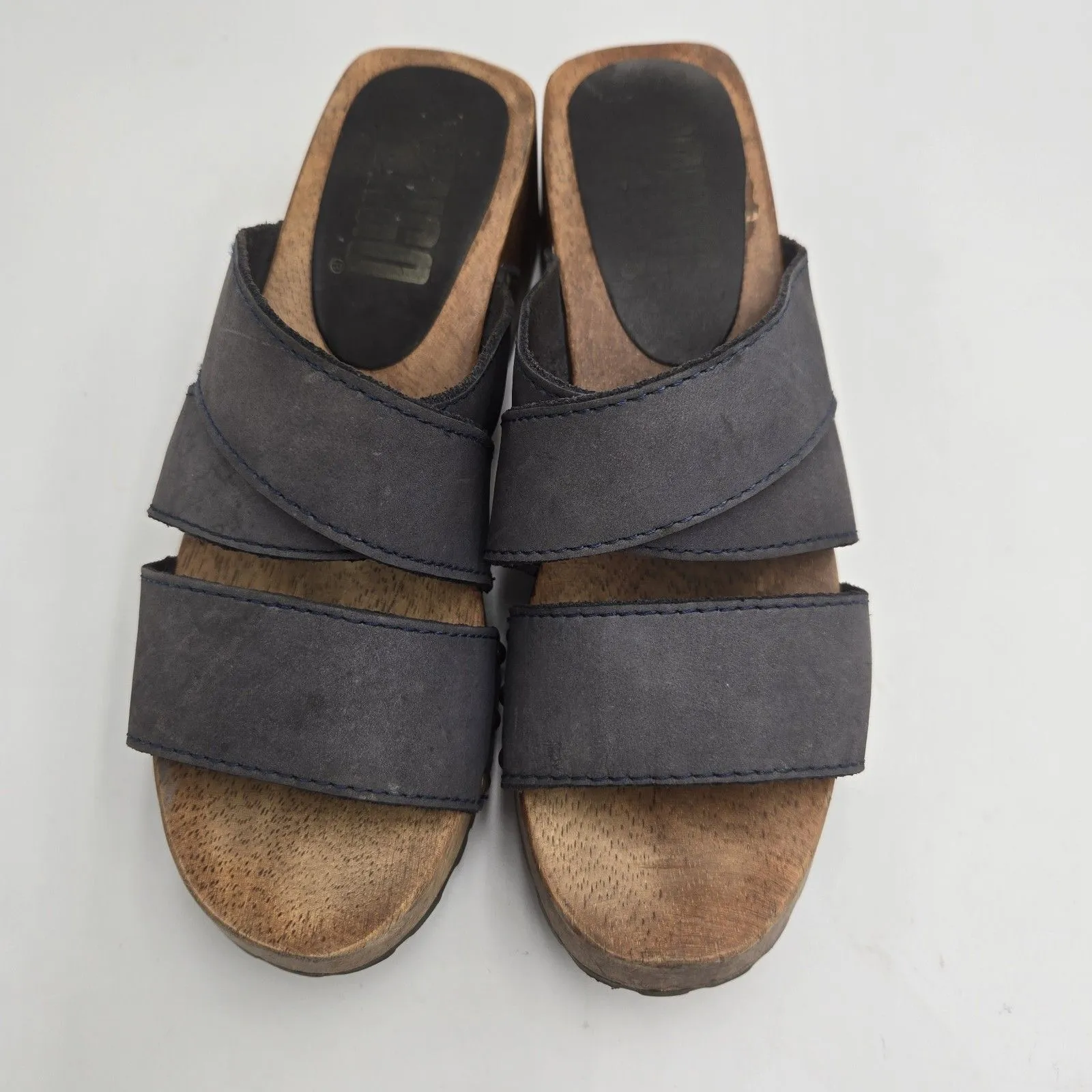 Bongo Women Size 6 Blue Leather Wooden Platform Sandals Chunky Clogs Retro Y2K - Image 3