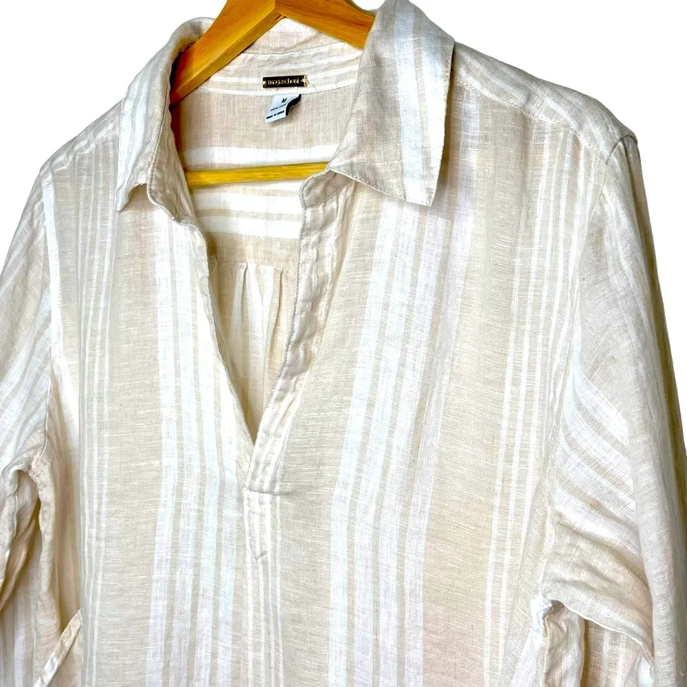 MAGASCHONI Linen Lagenlook White and Tan Stripe Oversized Tunic with Pockets M - Image 4