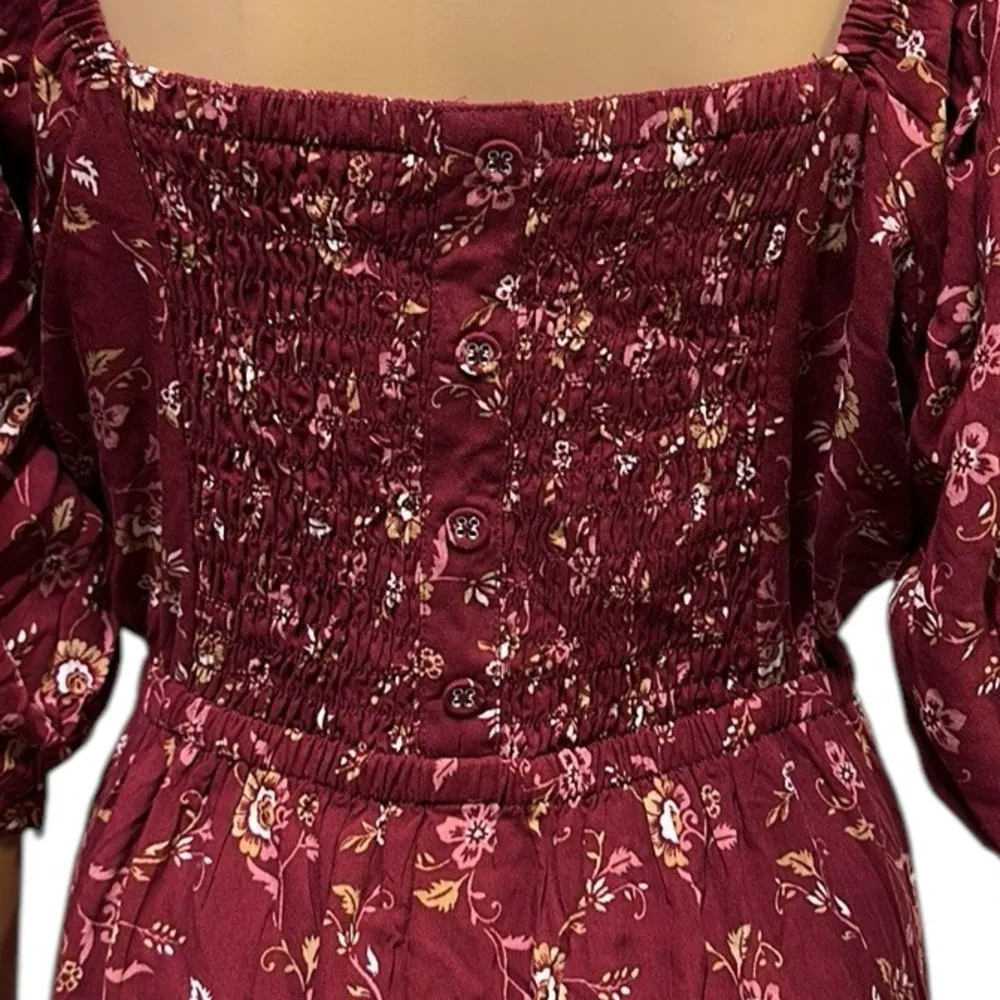 Mod Lusive Rayon Burgundy Floral Print Smocked Back Puff Sleeve Maxi Dress XL Red - Image 7