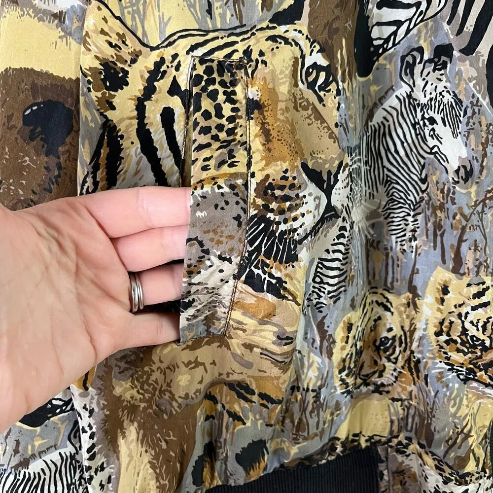 Vintage 80s Atlantic Beach 100% Silk Safari Animal Lightweight Bomber Jacket, XL Tan - Image 10