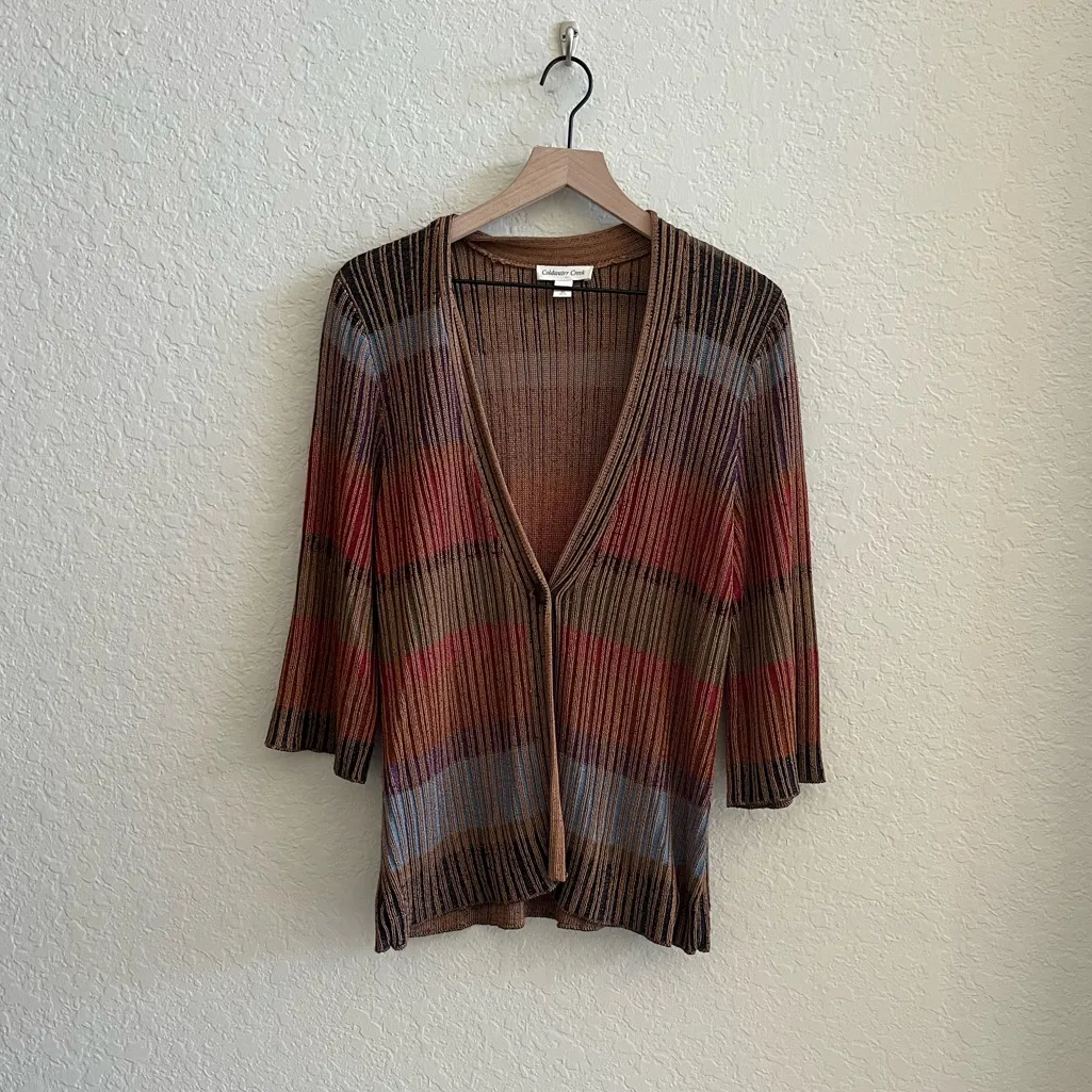 COLDWATER CREEK Brown Orange Rayon Stripe Button Cardigan Sweater Women’s Medium - Image 4