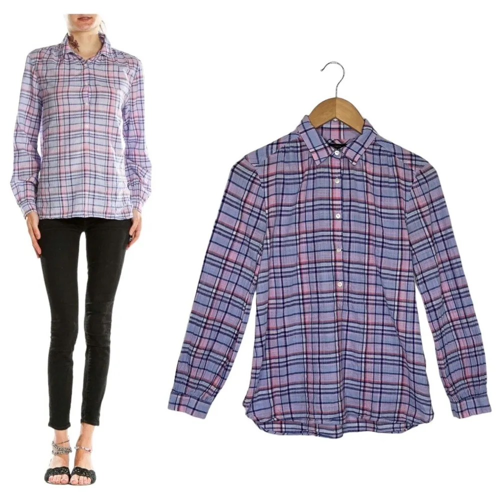 J Crew Top Womens 0 Plaid Cotton Button Up Long Sleeves Collared Purple - Image 4