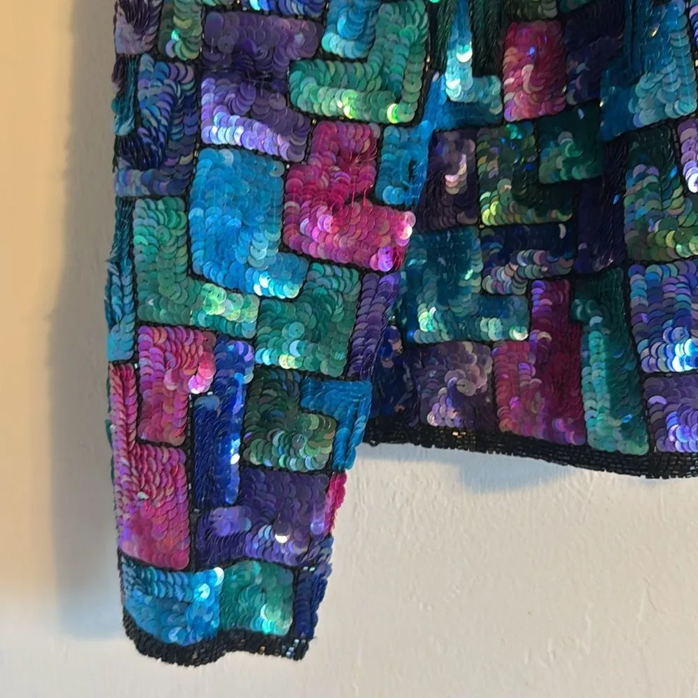 Vtg Laurence Kazar Silk Beaded Sequined Checkered Jacket cute Multicolor Size L - Image 3