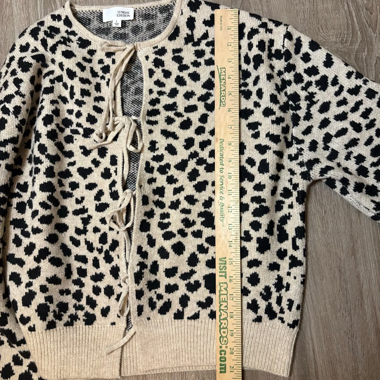 Sunday Edition Leopard Print Tie Front Cardigan Size L Coquette Bow Knit Tan Size L - Image 12