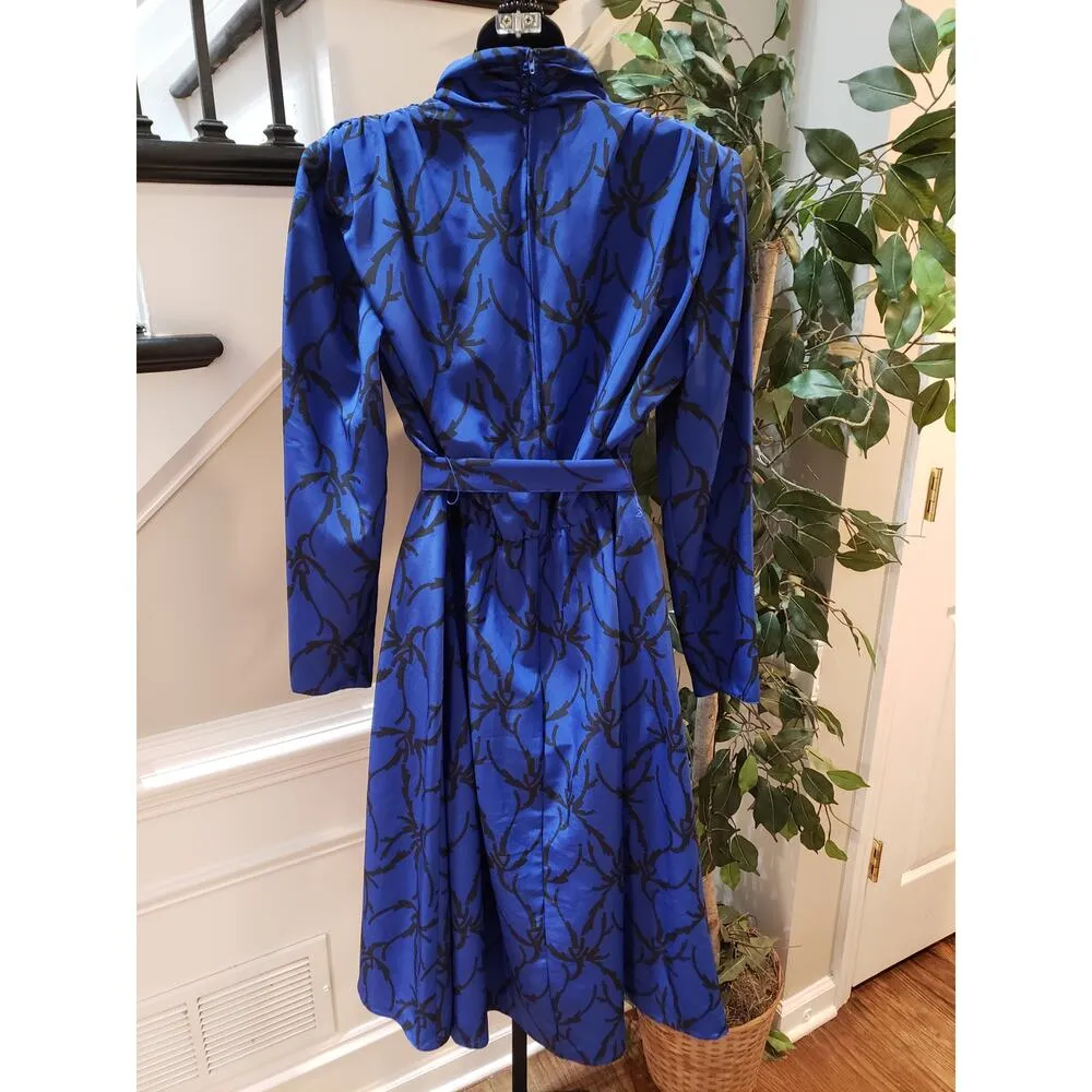 Vintage Caron Chicago Sheath Dress S Blue Patterned Cowl Neck Tie Waist Back Zip - Image 12
