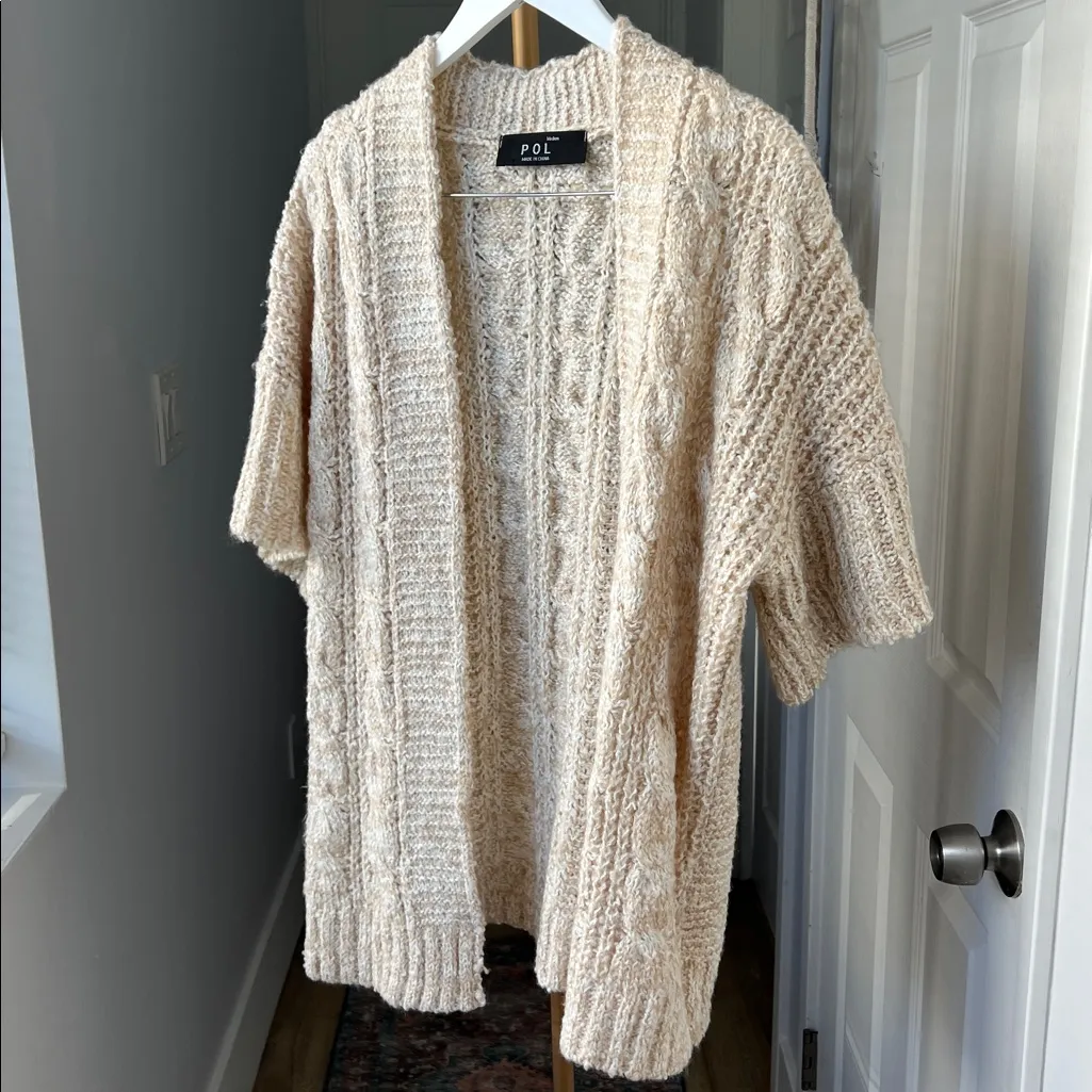 POL Chunky Short Sleeve Neutral Open Knit Cardigan in Cream Oatmeal Medium - Image 2