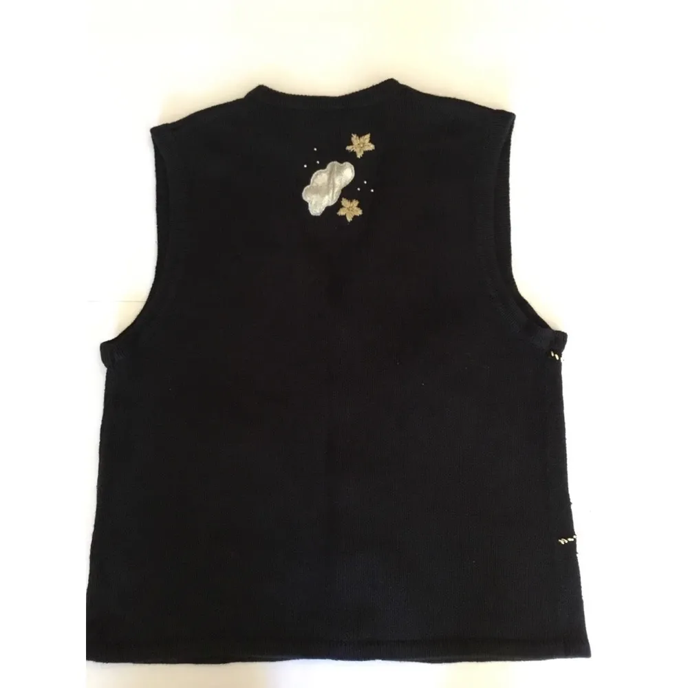 Bobbie Brooks Vintage Black/Gold Angels Cloud Appliqué Ugly Sweater Ves… - Image 3